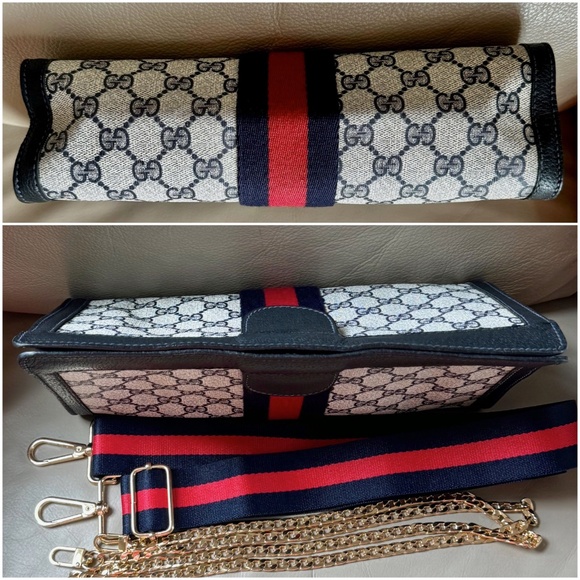 Certified Authentic Vintage Gucci Web Canvas Navy Leather Velcro Clutch, COA - Picture 6 of 12